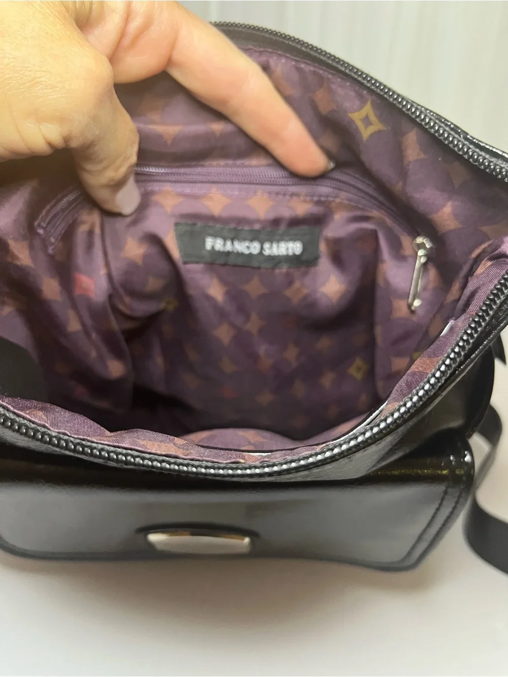 Franco Sarto Shiny Black Leather Messenger Bag